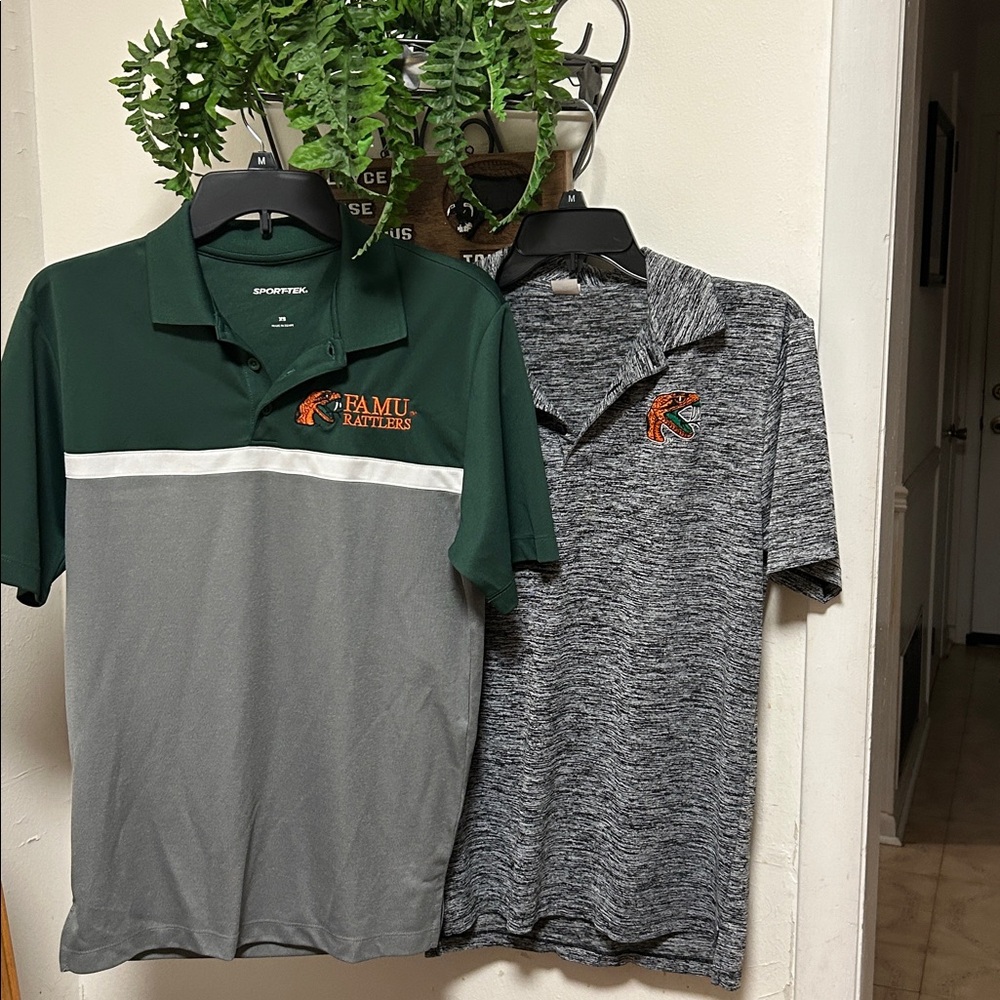 Two Sport-Tek Stylish Florida A&M (FAMU) Rattlers Short Sleeve Polo Shirts.